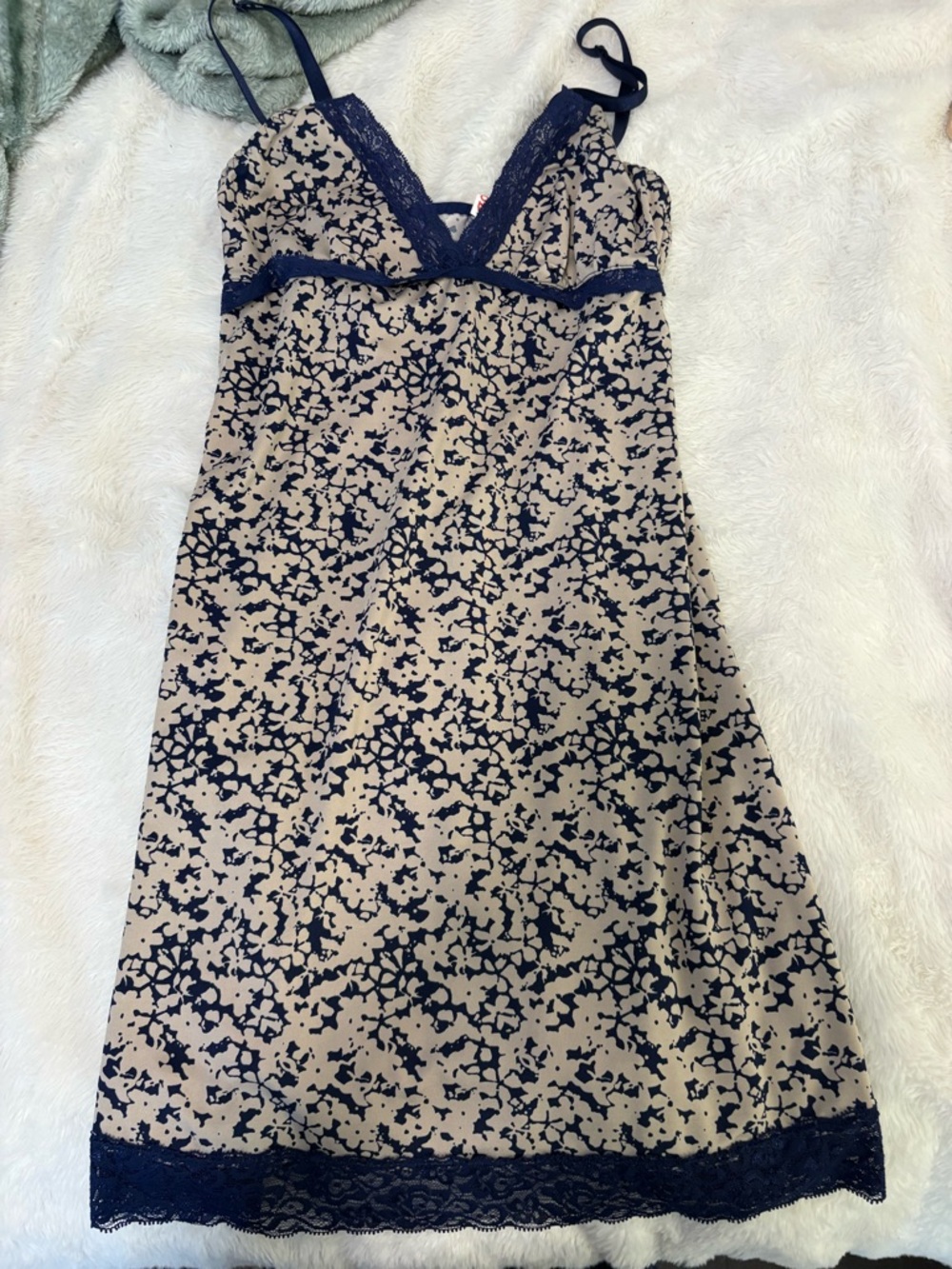 Izod Navy and Beige Floral Lace-Trim Slip Midi